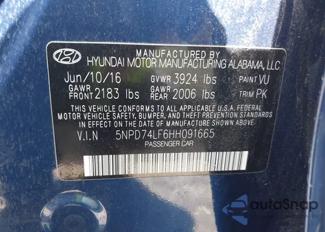 2017 Hyundai Elantra Se from USA, damaged, VIN 5NPD74LF6HH091665